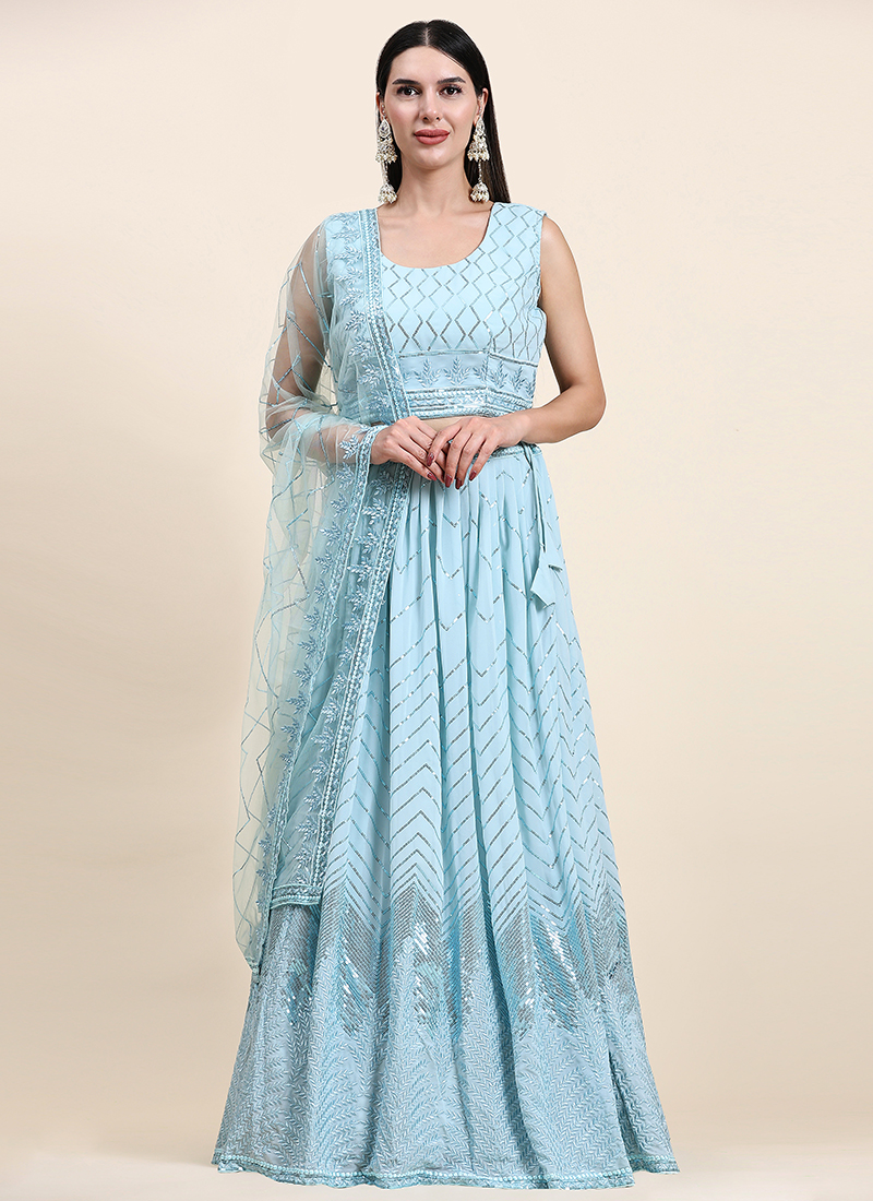 Buy Sky Blue Georgette Festival Wear Hand Work Ready To Wear Lehenga